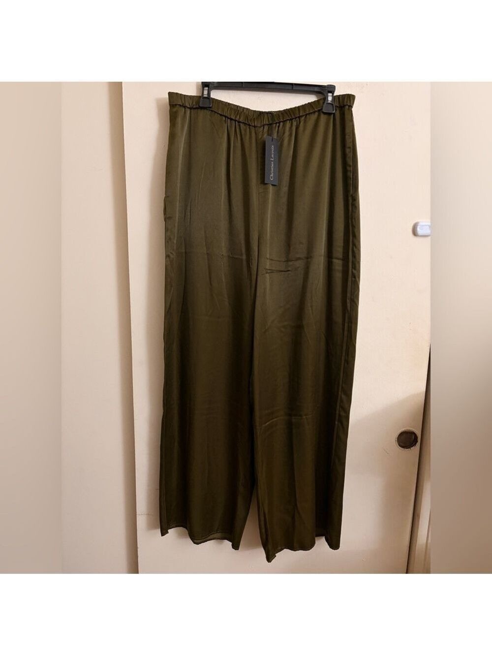 Christian Lacroix Satin Palazzo Pants Olive Green Wide Leg NWT L Whimsigoth Luxe